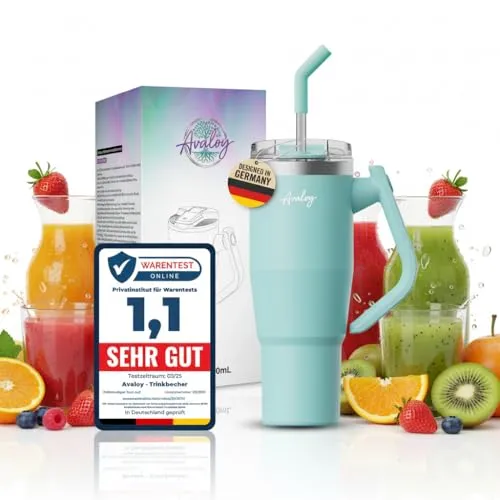 Avaloy Auslaufsicherer Thermobecher 1,2l (40 oz) – Edelstahl To-Go Becher – 2 Deckel inkl. Strohhalm – 180° drehbarer Griff – Doppelwandiger Isolierbecher für Kaffee & Getränke (Türkis)