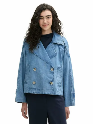 TOM TAILOR Denim Damen Trench Jeansjacke 1042879 - Funktionsjacke im Trenchcoat Look, pflegeleichte Baumwolle, ideal für Frühling und Herbst, mit praktischen seitlichen Taschen und Loose Fit.