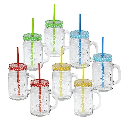 Spetebo Trinkgläser mit Deckel und Strohhalm - 8er Set - Vintage Gläser mit Henkel - Deckelgläser Gläserset mit Schraubdeckel für Wasser Limonade Longdrinks Cocktails