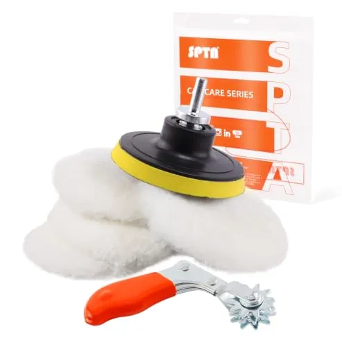 SPTA Lammfell pad, Lammwollhaube, Lammfell, 5tlg 80mm Polieren polierscheibe Polierset Set Wolle Pad Lammwolle 80mm Klett pad polierscheibe + M14 Bohrer Adapter für Auto poliermaschine -HWPPS3M14M6