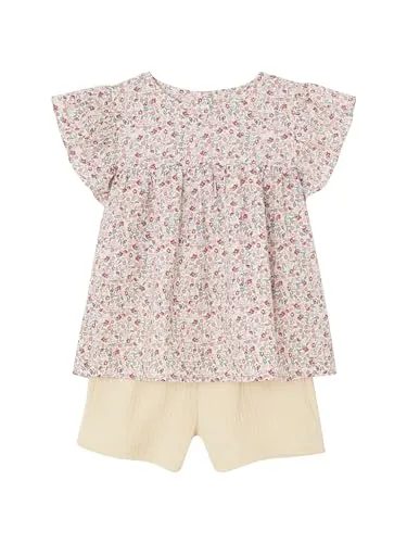 Vertbaudet Mädchen-Set: Geblümte Bluse & Musselin-Shorts in Vanille 158