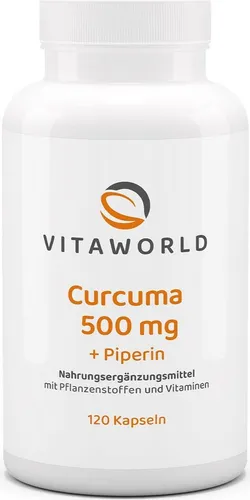 Vitaworld Curcuma 500 mg + Piperin | 120 Kapseln | mit schwarzem Pfeffer + Vitamin B-Komplex | vegan