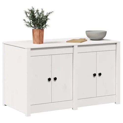 vidaXL Küchenschrank mit Regal Weiß 106 x 55 x 64 cm - Praktischer Hochschrank aus massivem Kiefernholz mit flächenbündigen Türen, ideal für stilvollen Stauraum in der Küche. Robuste Konstruktion und modernes Design für Ordnung und Eleganz.