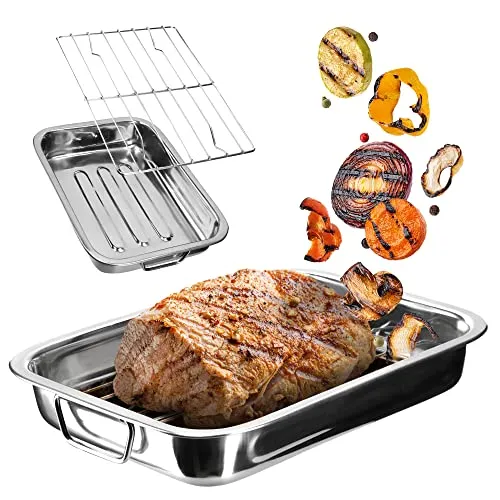 KADAX Bratenform mir Rost, Bratpfanne aus Edelstahl, Viereckpfanne mit Einsatz, Bräter in 4 verschiedenen Größen, Gitterost für Backofen, Ofenform (30x22x6cm Silber)