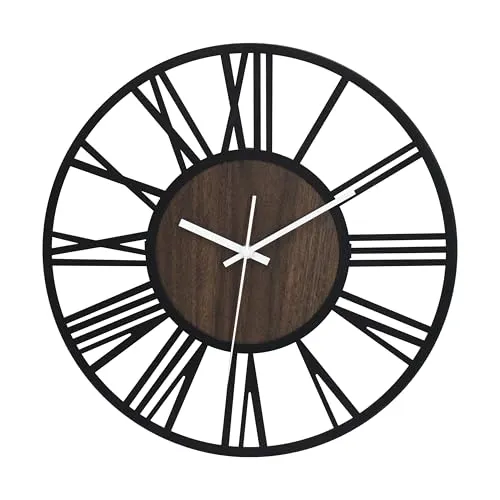 K&L Wall Art große MDF Holz Wanduhr XL Industrielle Metalluhr Vintage Wohnzimmeruhr lautlos Quartz Uhrwerk ohne Tick-Geräusche (Nussbaum Holzoptik, Ø 40cm)