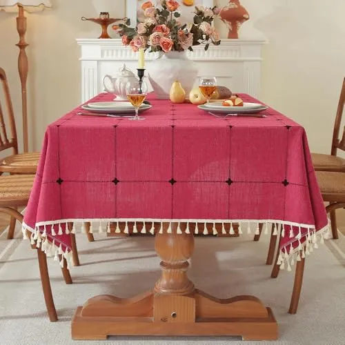 Pahajim Tischdecke Quadratisch Baumwolle Leinen Tischdecke Abwaschbar Elegante Karierte Tischtuch mit Quasten Küchentischabdeckung für Speisetisch,Outdoor(Rot, 140 x 140 cm)