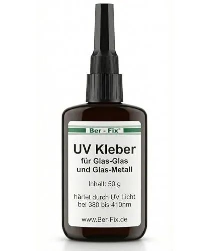 Ber-Fix UV-Kleber 50g - Glasklarer, niedrigviskoser Spezialklebstoff für dauerhafte Verklebungen von Glas mit Metall