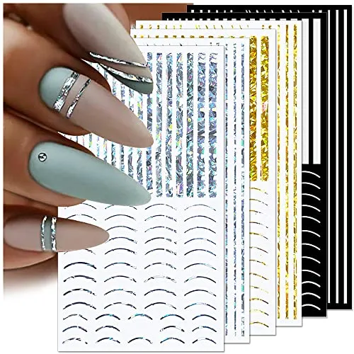 Dornail 12 Blatt Laser Glitzer Linien Nagelsticker Selbstklebend Holographisch Nagelaufkleber Bronze Streifen Nail Sticker Französische Linie Bögen Kurven Wellenlinien Nagel Stickers Nail Art Zubehör