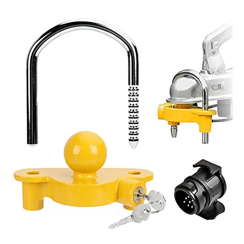 Anhängerschloss Hochsicherer Anhänger Diebstahlschutz - Anhänger Schloss Feinstem Messing Kreuzschloss mit Gratis 13 auf 7 Adapter Diebstahlsicherung Anhänger Wohnwagen PKW Deichselschloss Hänger Gelb