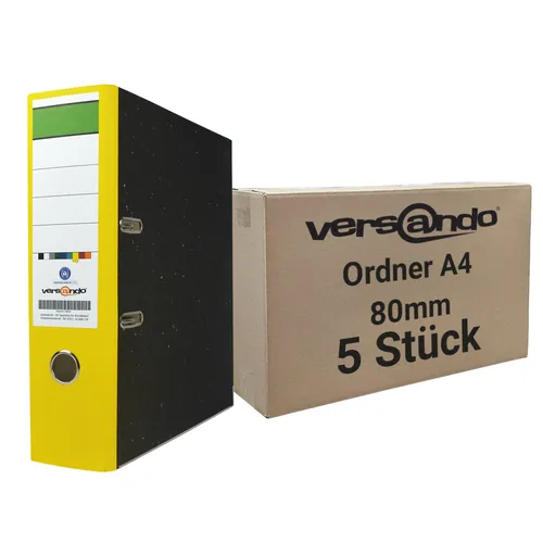 5x Ordner gelber Rücken versando® A4 80mm breit - Blauer Engel - grüner Balken