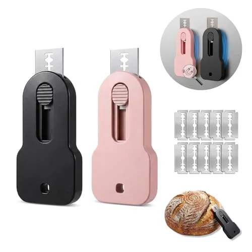 Pcs Bäckermesser mit 10 Rasierklingen Edelstahl, Magnetische Brotklinge | Teigmesser Brot Set, Brot Einschneidemesser, Brotmesser zum Einritzen, Klein Brot Backen Zubehör, Schwarz und Rosa-Pink 2