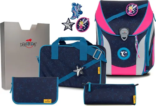 DerDieDas ErgoFlex MAX Buttons - Blue Fairy, 5-teiliges Schulranzenset - Schulranzen mit festem Korpus, nur 950 g leicht und ergonomisch gestaltet. Ideal für Wachstum, mit anpassbaren Schultergurten und individuellen Buttons für mehr Spaß und Stil!
