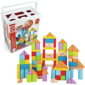 Hape 101 Wunderbare Holzbausteine - Bauklötze für Kinder ab 1 Jahr, 101 bunte Bausteine aus nachhaltigem Buchenholz im praktischen Eimer mit Formensortierer – fördert Kreativität und Motorik!