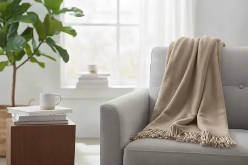 Casa Colori Wohndecke mit Fransen, 150x200 cm, Taupe Hellbraun-Beige