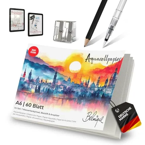 Belmique Aquarellpapier A6 Set inkl. XXL-Zubehör mit 60 Seiten I Aquarell Block mit rauer & glatter Oberfläche 300 g/m² – inkl. Brushpen, Bleistift, Videokurs & Zubehör
