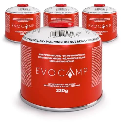 EVOCAMP 4X Gaskartuschen 230g mit Schraubventil, EN417 Schraubkartusche mit 7/16