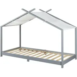 [en.casa] Kinderbett Brome Hausbett 90 x 200 cm - Bettenhaus aus massivem Kiefernholz mit abnehmbarem Stoffdach – schafft eine kuschelige Höhle für traumhafte Nächte und fantasievolle Abenteuer.