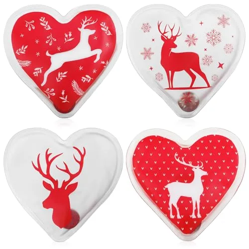 com-four® 4X Taschenwärmer wiederverwendbar - Handwärmer herzförmig mit Elch Motiv - Wärmepad für kalte Tage und für unterwegs - Wärmeknickkissen (4 Stück - Herz/Elch - rot)
