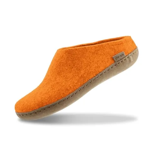 GLERUPS Slip On Hausschuhe Damen und Herren (Größe 5) | Orange Unisex Slipper aus Wolle mit Ledersohle