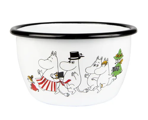 Mumin-Emaille-Schüssel 0,6 l Moominvalley - Schüssel aus Emaille mit buntem Mumin-Design, ideal für Kinder und perfekt für den täglichen Gebrauch oder als dekoratives Element in der Küche.