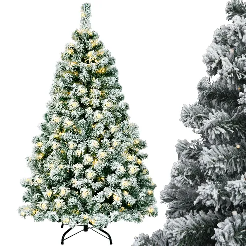 COSTWAY Künstlicher Weihnachtsbaum 135cm, Tannenbaum 400 PVC Nadeln mit Schnee, 200 warmweißen LEDs & Metallständer, Christbaum Kunstbaum Weihnachten