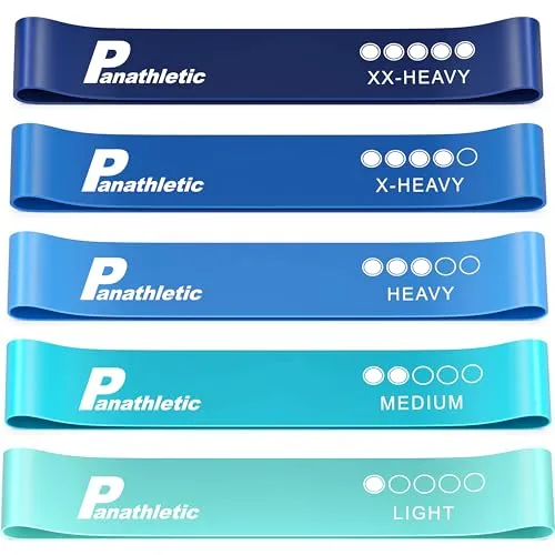 Panathletic Fitnessbänder, 5er Set – 5 Verschiedene Stärken, Übungsanleitung, eBook auf Deutsch, Tragebeutel – 5X Fitnessband, Gymnastikband, Widerstandsband