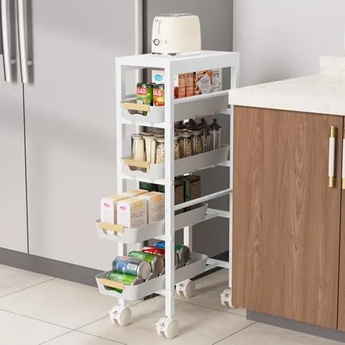 DROMEZ Küchenwagen Schmal, 5 Ebenen Rollwagen mit Schubladen, Servierwagen Weiß aus Metall mit Rollen & Arbeitsplatte, Nischenregal 20 cm breit für Küche Badezimmer Büro, 38x81cm