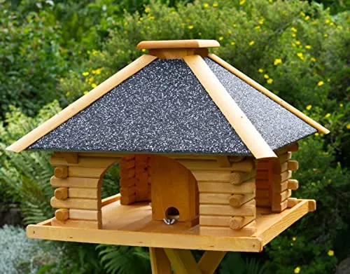 Futterhaus mit Strukturputzdach und Solarbeleuchtung - Wetterfestes Vogelhaus aus Holz mit Solarbeleuchtung, ideal für Wildvögel. Wahlweise mit oder ohne Vogelhausständer erhältlich.
