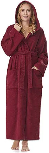 Arus Damen-Bademantel mit Kapuze, wadenlang, Baumwolle, XS-S, Bordeaux - Vielseitiger wadenlanger Bademantel mit Kapuze aus hochwertiger Baumwolle, ideal für Sauna oder als Morgenmantel. Mit praktischen Taschen und Bindegürtel für optimalen Komfort und Stil.
