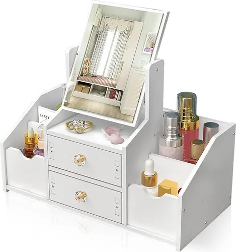 Weißer Cosmetic Organizer mit Schublade und Spiegel - Schminktisch Organizer mit praktischem Schubladensystem und quadratischem Spiegel – ideal für eine aufgeräumte und stylische Kosmetikaufbewahrung.
