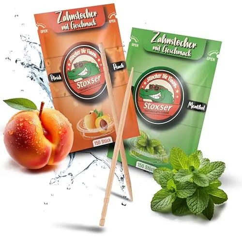 Stoxser 300x Zahnstocher mit Geschmack 2er Pack Pfirsich und Mint/Menthol Geschmacksrevolution Zahnstocher Geschmack Kein Kaugummi Unterstützend zu Zahnpasta Zahnsteinentferner Zahnseide Zuckerfrei