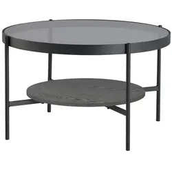 byLIVING Couchtisch OHIO - Eleganter Tisch mit Rauchglasplatte - Couchtisch mit grauer Rauchglasplatte und schwarzem MDF-Echtholzfurnier-Ablageboden. Kompakt und modern, ideal für kleine Räume. Stabilität durch robustes Stahlgestell.