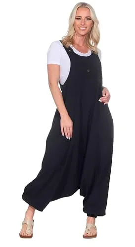 Kunst und Magie Hippie Latzhose Haremshose Psy Goa 70er Overall – Schwarz, Größe L - Bequeme Hippie Latzhose im 70er Retro-Stil, perfekt für lässige Outfits. Der luftige Schnitt sorgt für angenehmen Tragekomfort, ideal für entspannte Tage.