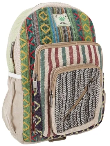 GURU SHOP Bunter Ethno Hanf Rucksack - Beige/grün, Unisex - Erwachsene, 35x24x15 cm