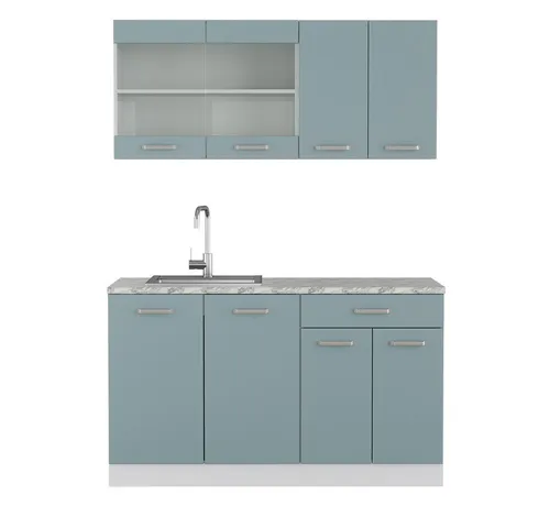 Vicco Küchenzeile R-Line, Blau-Grau/Weiß, 140 cm - Küchenzeilen - Funktionelle Mini-Küche mit höhenverstellbaren Füßen für individuelle Anpassung, ideal für kleine Apartments.