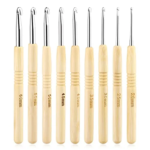 Häkelnadel-Set, ergonomischer Griff für arthritische Hände, Holzgriff zum Häkeln, extra leichte Stricknadeln für Anfänger und Häkelgarn, 2,0-6,0 mm Starter-Häkelset (9 Stück)