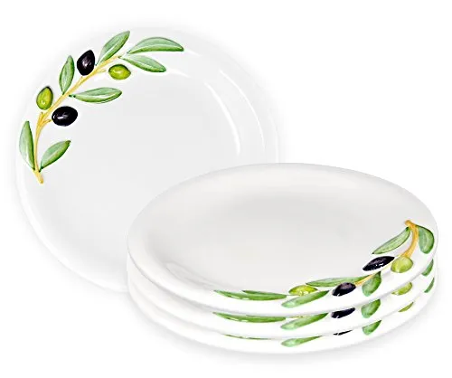 Lashuma 4er Set Handgearbeitete Oliven Keramikteller, Handbemalte Essteller 4 Stück mit Relief, Abendbrotteller 20 cm