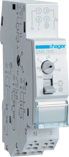 Hager Treppenlichtzeitschalter EMS005, 230 V, White - Zeitschaltuhr für DIN-Schiene, elektronisch mit 1 Schließerkontakt und kompakter Einbautiefe von 64 mm, ideal für effiziente Lichtsteuerung.