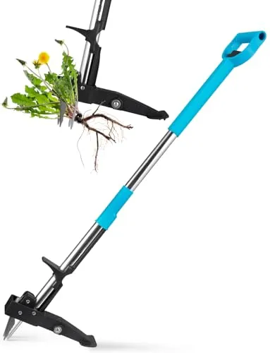 YISSVIC Unkrautstecher mit Stiel Teleskop Länge 100 CM-120 cm Hochfester Edelstahl 4 Krallen Unkrautentferner Keine Montage Blau