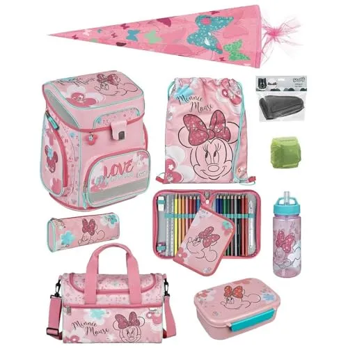 Familando Mädchen Schulranzen 1. Klasse – Scooli EASY FIT mit Disney Minnie Maus - 10-teiliges Schulranzen-Set für Mädchen, ergonomisch und leicht (nur 1.000 g), ideal für die Einschulung. Mit zahlreichen Zubehörteilen wie Turnbeutel, Federmappe und Zuckertüte.