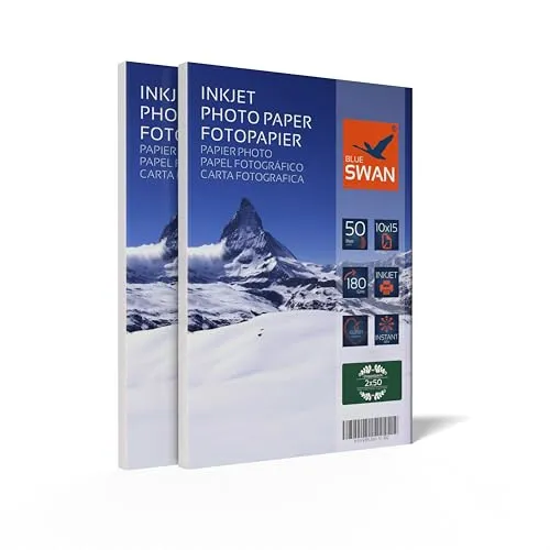 BLUE SWAN Fotopapier 10×15 cm, 180 g/m², 100 Blatt (2×50), Hochglanz, einseitig beschichtet, wasserabweisend, schnell trocknend, kratzfest, hohe Farbbrillanz, kompatibel mit Tintenstrahldruckern