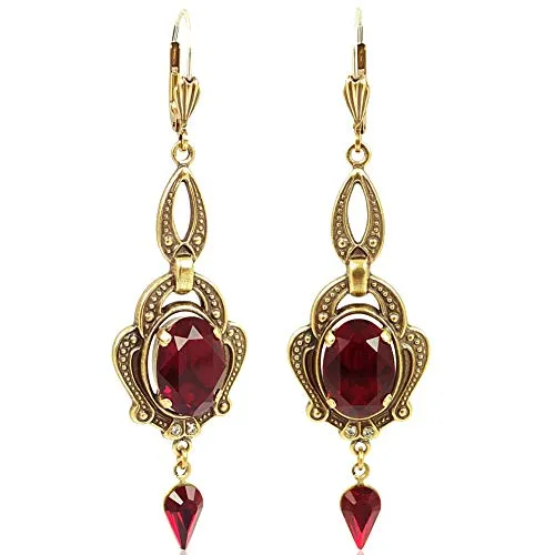 Chandelier Ohrringe Gold Rot Vintage Kristall Damen Ohrhänger Ruby NOBEL SCHMUCK