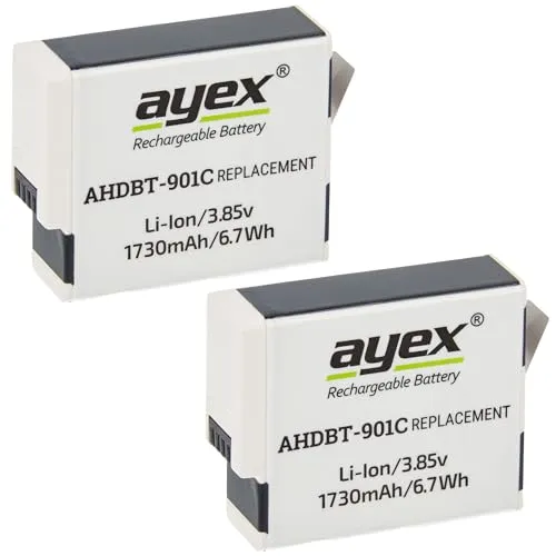 ayex AHDBT-901C Akku 2 Stück für GoPro Hero 9 10 11 - Kamera-Akkus, leistungsstarker Li-Ion Akku mit 1730 mAh für lange Betriebsdauer und zuverlässige Energieversorgung bei Action-Cam Aufnahmen.