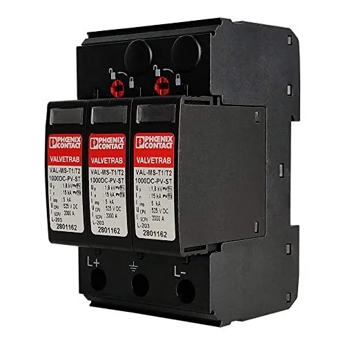 Phoenix Contact VAL-MS-T1/T2 1000DC-PV/2+V Blitzstrom-Überspannungsableiter - Sonstige Elektroinstallationsartikel, varistorbasierter T1/T2-Ableiter für PV-Anlagen mit einfacher Steckbarkeit und optischer Statusanzeige für erhöhte Sicherheit.