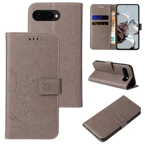 LBH Handy Hülle für Google Pixel 9a Case Handytasche Schmetterling Blumen Flower Standfunktion Schutzhülle Magnet Rundum Schutz 360 Grad Flipcase Cover Grau