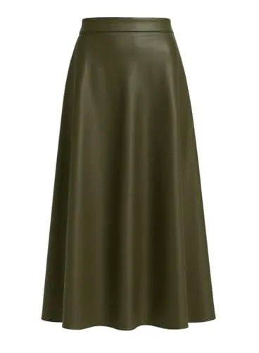 Mississhop 404 Damen A-Linien Langer Rock mit Gürtel – Kunstleder Oliv - Eleganter Damenrock in A-Linien-Form aus hochwertigem Kunstleder. Der Rock ist elastisch und ideal kombinierbar für Business oder Freizeit. Länge ca. 90 cm und mit Gürtel für einen stilsicheren Look.