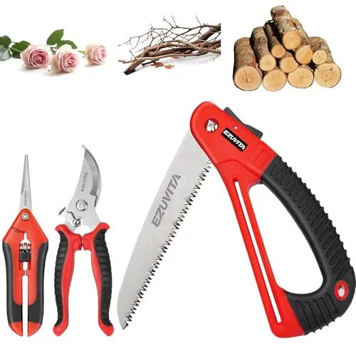 EZUVITA Klappsäge mit Gartenschere und Astschere, Handsäge 180mm, mit sicherer Verriegelung, dreifacher Zahnung, 7 TPI, Baumsäge mit weichem Griff für Holz, Gartenarbeit, Camping, Bushcraft und mehr