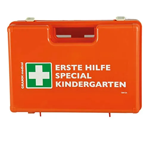 Gramm Medical Verbandkoffer KINDERGÄRTEN mit Zusatzausstattung - Robuster Verbandkoffer nach DIN 13 157 für Kindergärten, mit geprüfter Ausstattung und individueller Inneneinteilung. Ideal für mobile und stationäre Einsätze, staub- und wassergeschützt.