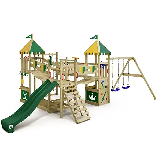 Wickey Spielturm Smart Queen – Abenteuer-Burg mit Rutsche und Sandkasten - Schaukel- und Kletterturm für Kinder mit 10 Jahren Garantie. Kesseldruckimprägniertes Massivholz, inklusive Wellenrutsche, Strickleiter und integriertem Sandkasten für unvergessliche Abenteuer.
