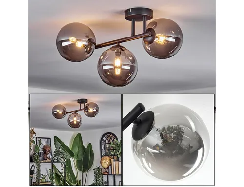 hofstein Deckenleuchte aus Metall/Glas in Schwarz/Rauchfarben, Retro-Design, 3 x G9 - Elegante Deckenleuchte für den Innenbereich im modernen Retro-Stil. Ideal für stimmungsvolle Beleuchtung, ohne Leuchtmittel. Perfekt für jedes Zimmer mit einem Durchmesser von 15 cm pro Schirm.